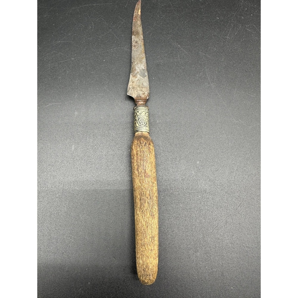 Vintage Wood‎ Handle Metal Letter Opener Etched Collar Rustic Desk Accessory